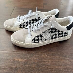 Vintage Havana Black and White Houndstooth Sneakers with Silver Star